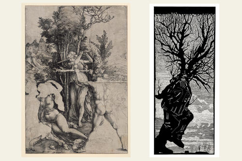 Nähe über 500 Jahre hinweg: Albrecht Dürers Kupferstich Herkules am Scheidewege, ca. 1498, und William Kentridges Linolschnitt Walking Man aus dem Jahr 2000.