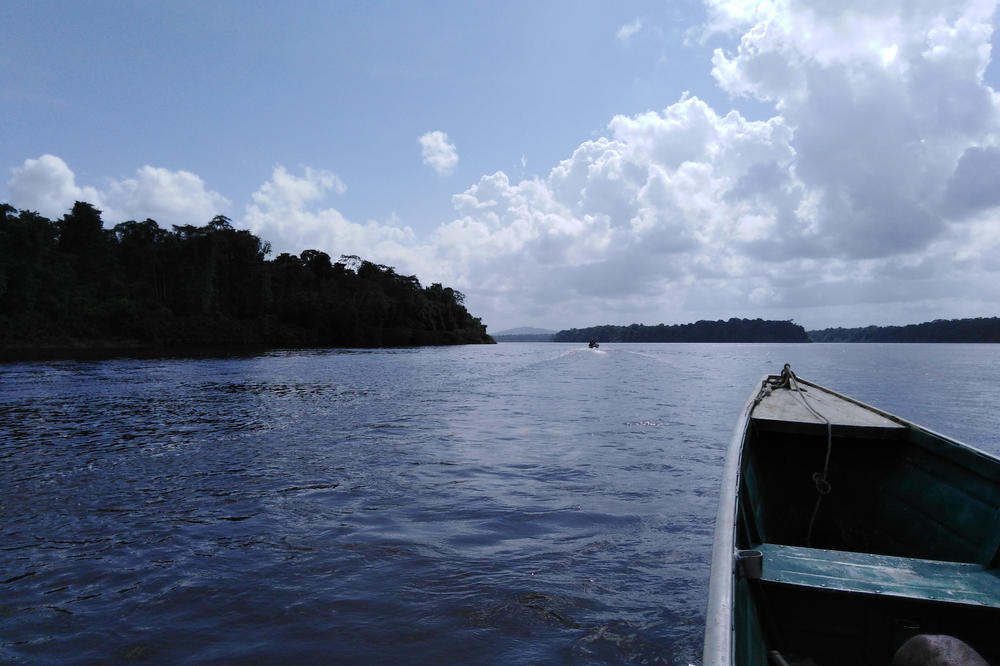 Der Blick aus einer Piroge auf einen Fluss an der Grenze zwischen Französisch-Guyana und Brasilien.