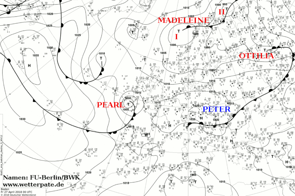 Hoch "Peter" umringt von meteorologischen Tiefs.