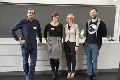 Christian Goroncy (left), Eva Göbgen (3rd from the left), and Ludovico Sepe (right) all completed doctoral degrees in the Department of Biology, Chemistry, and Pharmacy. They talked about their career paths following their doctoral studies.