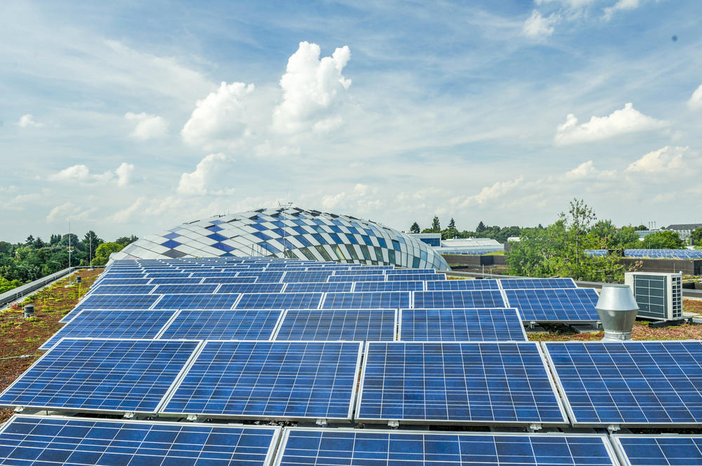 The nine photovoltaic systems installed on roofs across campus also help conserve energy.
