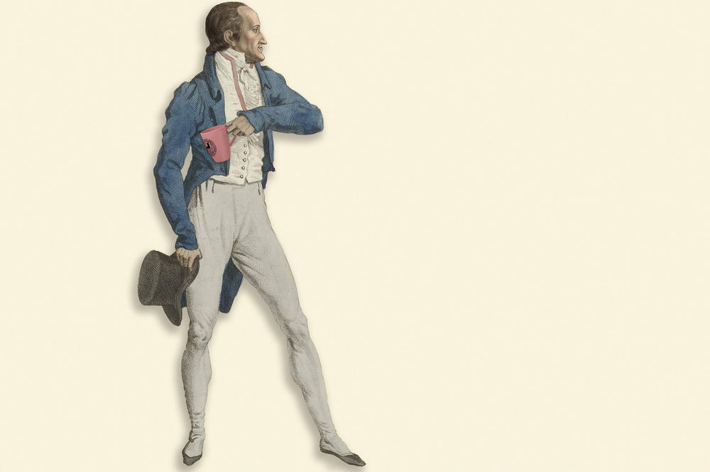 Etiquette around campus: A life-size cardboard figure of Adolph Freiherr Knigge, author of the most celebrated work on etiquette in German, holding a Freie Universität mug invites viewers to join the conversation about how people treat each other.