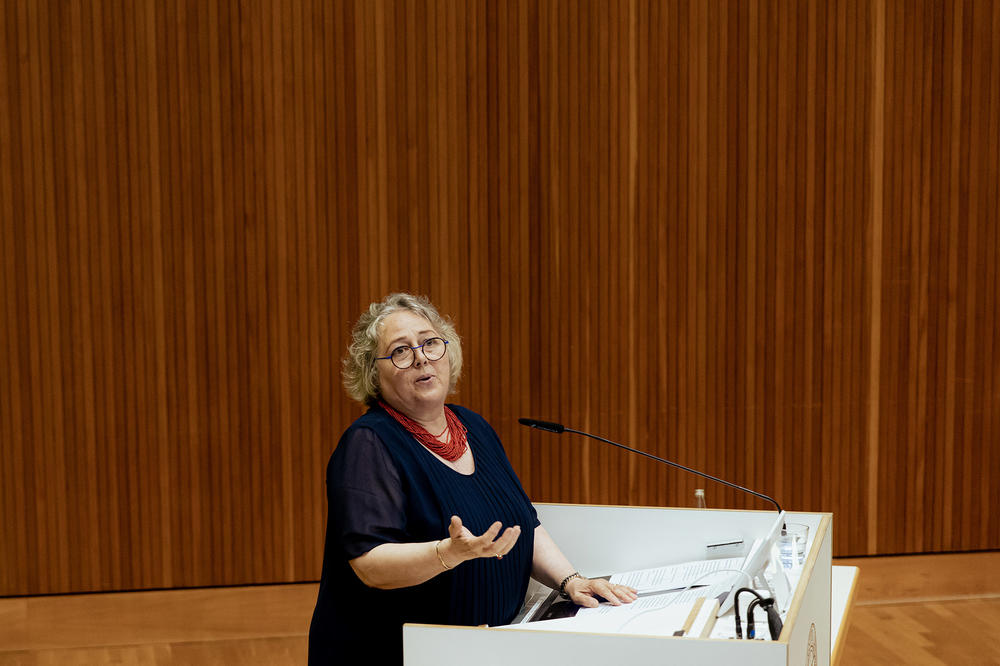With humor and enthusiasm, Rosi Braidotti encouraged people to avoid resignation and embrace technological advances.
