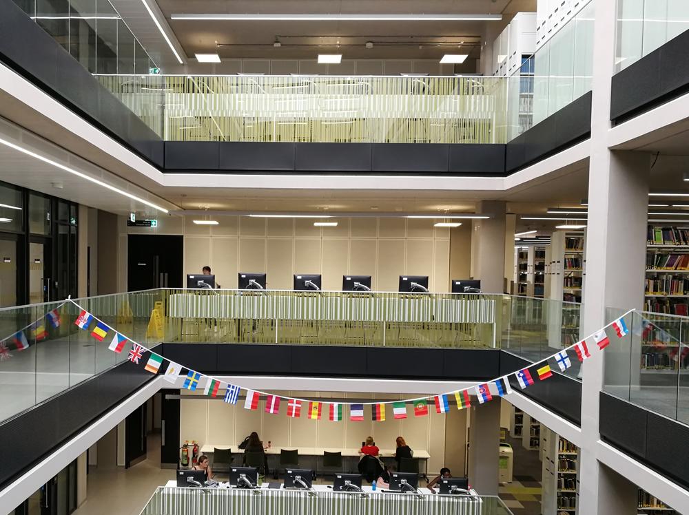 Although the majority of Britons voted “leave,” the university library still has the 28 flags of the EU member states on display.