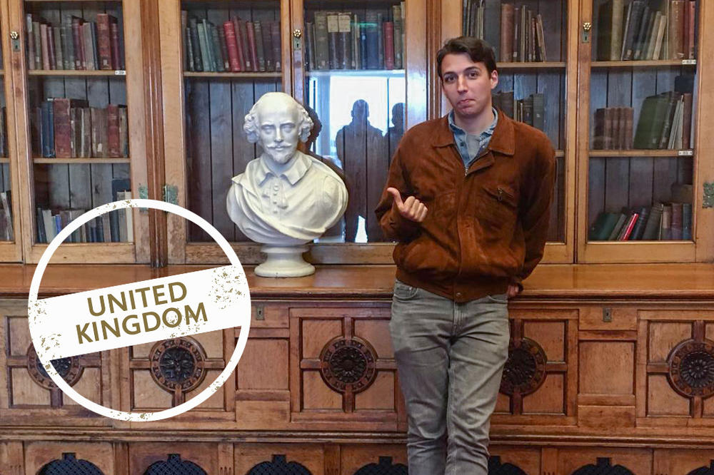 To Brexit or not to Brexit? That is the question. Ben Heiden standing next to a bust of Shakespeare.