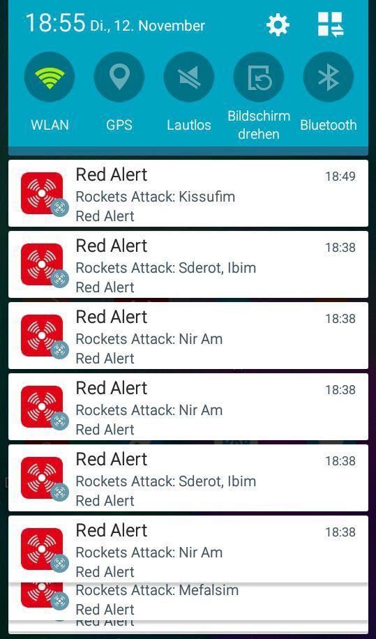 An app shows when there is a missile alarm in Israel. In November, Islamic Jihad from Gaza fired more than 400 missiles at Israel. The cell phone did not stand still, as this screenshot shows.