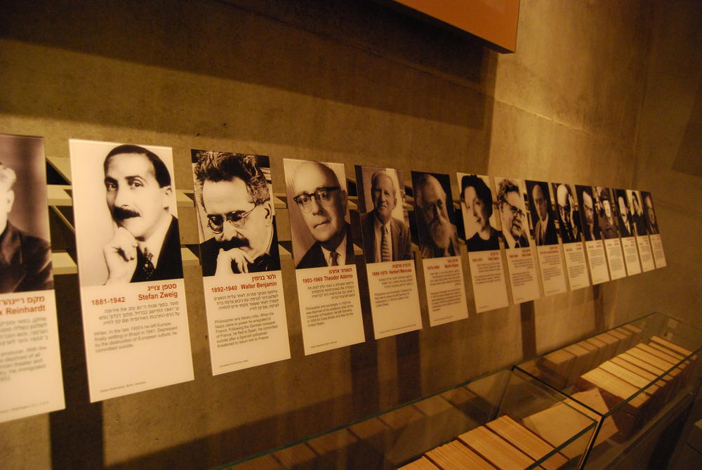 A plaque in Yad Vashem commemorates the many intellectuals, scholars, and scientists who had to flee the Nazis, including Albert Einstein, Walter Benjamin, and Theodor W. Adorno.