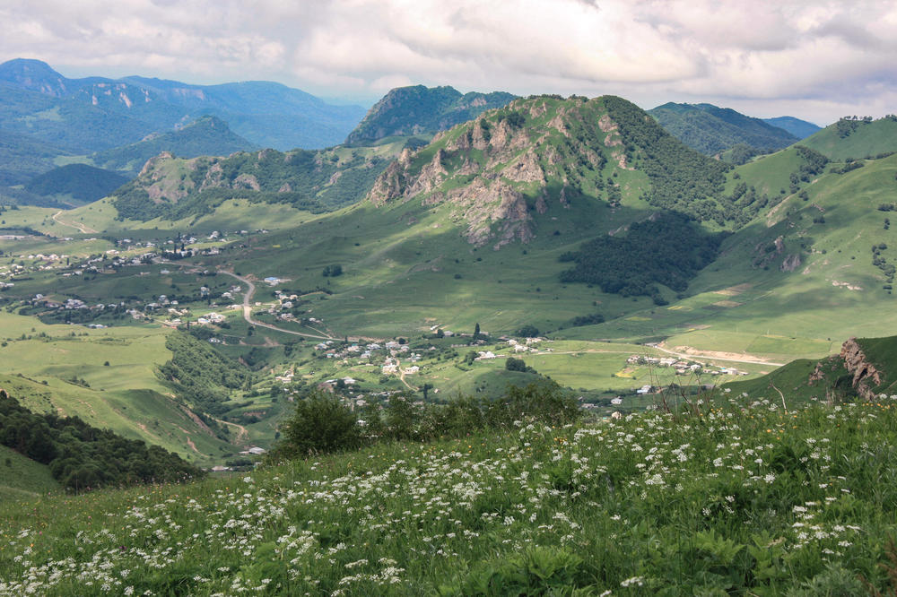 Mosaic of different habitats: Mountainous landscape in the North Caucasus (Karachay-Cherkessia, Russian Federation).