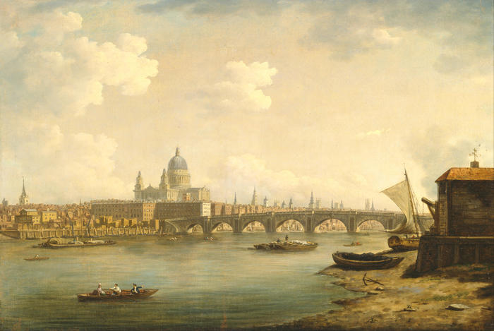 By the Thames. Blackfriars Bridge by William Marlow (1770–1772). The bridge was completed in 1769. Over time, the mixture of salt and pollution in the river badly damaged its limestone arches.