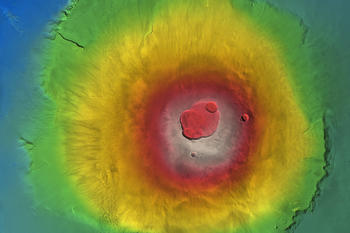 An orthomosaic of Olympus Mons with the ground levels superimposed in color coding.