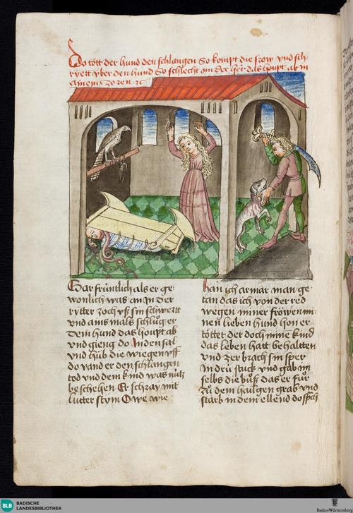 Illustration from Canis, one of the stories contained in the Seven Sages of Rome manuscript, Donaueschingen 145 (approx. 1452), 16v.