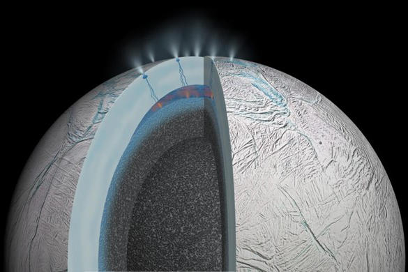 An artist’s rendering of Saturn’s moon Enceladus showing hydrothermal activity on the seafloor and cracks in the moon’s icy crust that allow material from the watery interior to be ejected into space.
