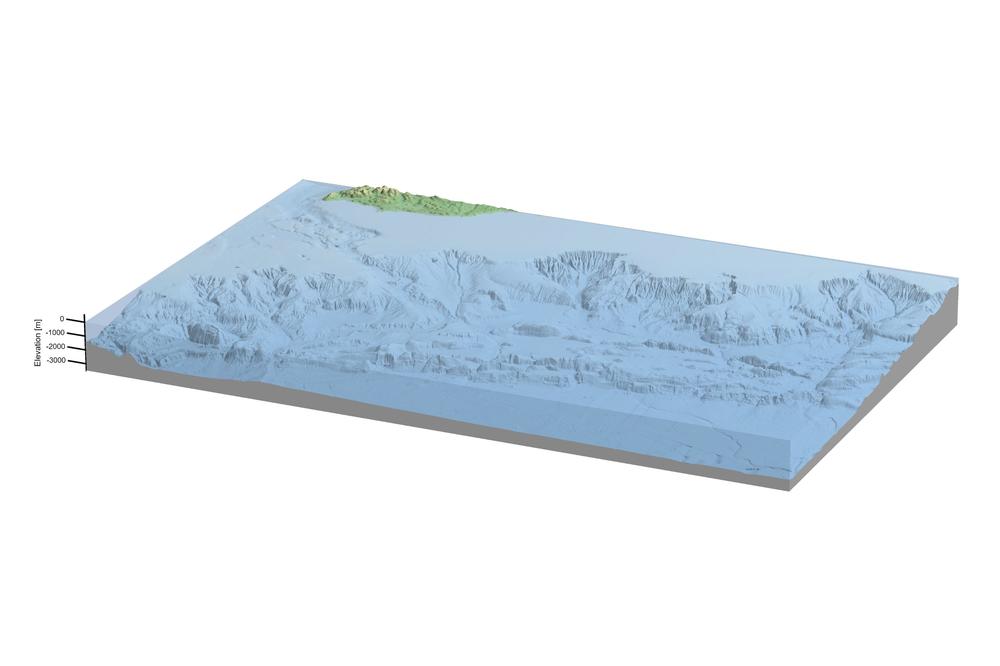 Steep-sided underwater canyons on the continental margin bordering the Pacific Ocean off the US West Coast (State of Washington). These geological features were formed by erosion processes on the seafloor.