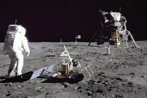 Man on the moon: Astronaut Buzz Aldrin set up a laser reflector and a seismometer on the surface of the moon. The lunar module and the American flag are seen in the background. The picture was taken during the Apollo 11 mission in 1969.