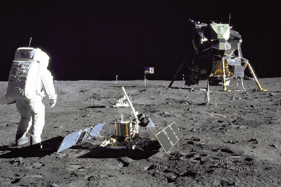 Man on the moon: Astronaut Buzz Aldrin set up a laser reflector and a seismometer on the surface of the moon. The lunar module and the American flag are seen in the background. The picture was taken during the Apollo 11 mission in 1969.