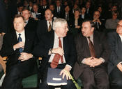 The first Ambassador's Lecture was held at Freie Universität as part of the 50th anniversary celebrations. Seated, left to right: Mayor Eberhard Diepgen, U.S. Ambassador S.E. Kornblum, and CDU chairperson Klaus Landowski on Dec. 4, 1998.