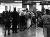 Students waiting in line at the campus dining hall on Kiebitzweg (Silberlaube).