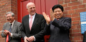April 27, 2006 – Official opening ceremony of the Confucius Institute. From left: President of Peking Univ., Prof. Dr. Xu Zhihong; President of Freie Univ., Prof. Dieter Lenzen; and Ambassador of the People's Rep. of China, Ma Canrong.