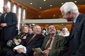 Former German Chancellor Richard v. Weizsäcker (right) greeting Günter Grass (2nd from right) and Imre Kertész (center).