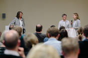 Vice president Prof. Dr. Brigitta Schütt in conversation with the ERC grantees Prof. Dr. Katharina Franke and Prof. Dr. Matthias Warstat.