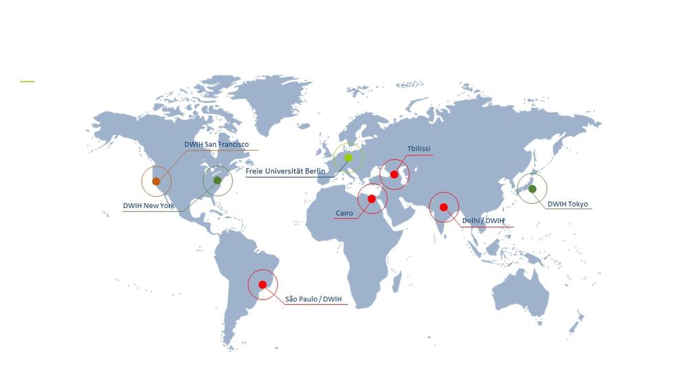 Das Netzwerk der Freien Universität umfasst insgesamt vier Verbindungsbüros in Kairo, Neu-Delhi, Osteuropa (Tbilissi) und São Paulo.