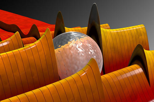 Abb. 2: Verstärkte Nahfelder an einer Glas Nanokugel. Die Nahfelder auf der Polachse des Teilchens sind zeitabhängig dargestellt, wobei die Zeit, wie in der dargestellten Welle, von rechts unten nach links oben verläuft.