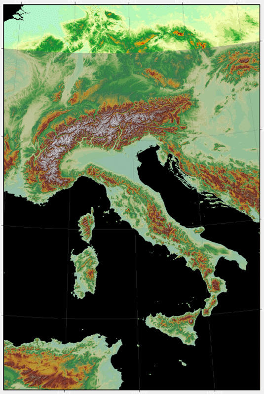 Alpine Gebirgsketten, aus dem Weltall betrachtet. / Digitale Höhenkarte aus Datenbeständen der NASA und der ESA