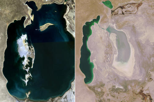 Einst einer der größten Binnenseen der Erde: Der Aralsee in Zentralasien war noch im Sommer 1989 (links) gut gefüllt. Das Bild rechts zeigt Überbleibsel des Sees im Oktober 2008.