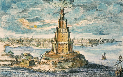 Der Pharos von Alexandria, eines der Sieben Weltwunder der Antike, soll der erste Leuchtturm der Welt gewesen sein.