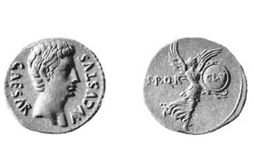 Aureus des Augustus, Victoria hält den Tugendschild Clipeus Virtutis, 19 vor Christus.