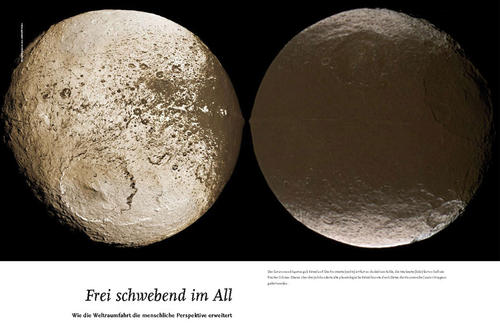 Der Saturnmond Iapetus gab Rätsel auf: Die Frontseite (rechts) ist fast so dunkel wie Kohle, die Heckseite (links) fast so hell wie frischer Schnee.