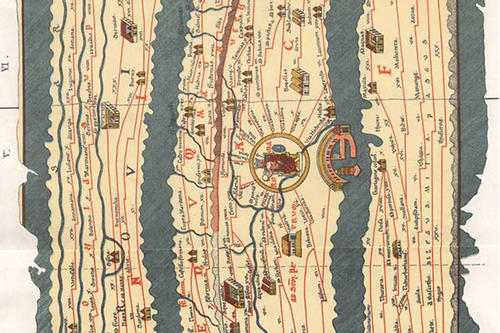 Ausschnitt aus der Tabula Peutingeriana: Ein Netz aus Straßen überzieht Italien, im Zentrum die Stadtgöttin Roma.