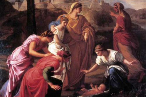 Durch Gottes Hilfe entging der kleine Moses dem Verbrechen, so wie jetzt Jesus dem Kindermord zu Bethlehem. Die Auffindung des Moses, Eustache Le Sueur (1617-1655).