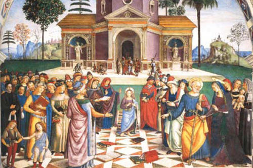 Jesus hatte nichts Schriftliches hinterlassen (hier als zwölfjähriges Kind unter den Schriftgelehrten des Tempels) – die Zeit der Schriftwerdung war erst die der Apostel. Wandmalerei von Bernardino Pinturicchio in der Cappella Baglioni.