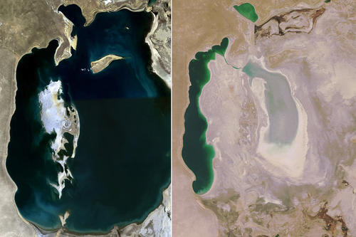 Einst einer der größten Binnenseen der Erde: Der Aralsee in Zentralasien war noch im Sommer 1989 (links) gut gefüllt. Das Bild rechts zeigt Überbleibsel des Sees im Oktober 2008.