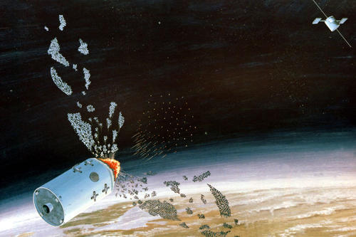 Science-Fiction-Darstellung eines sogenannten Anti-Satelliten, der als Waffe im Weltraum eingesetzt wird.