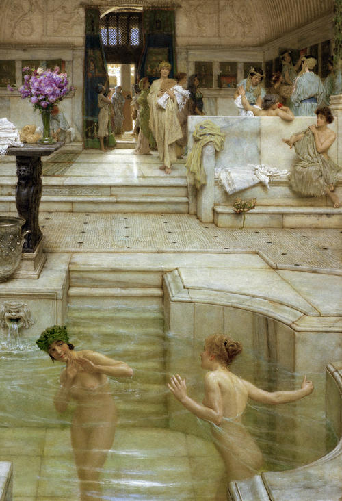 So stellte sich der Maler Sir Lawrence Alma-Tadema 1909 – inspiriert von Fotografien der Ausgrabungen des Areals in der durch den Vulkanausbruch verschütteten Stadt Pompeji - die Stabianer Thermen vor.