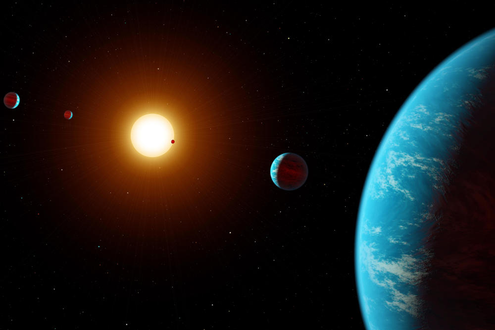 Eine Animation des Sonnensystems K2-138 – es ist das erste System mit mehreren Planeten, das von Hobby-Astronomen entdeckt wurde.