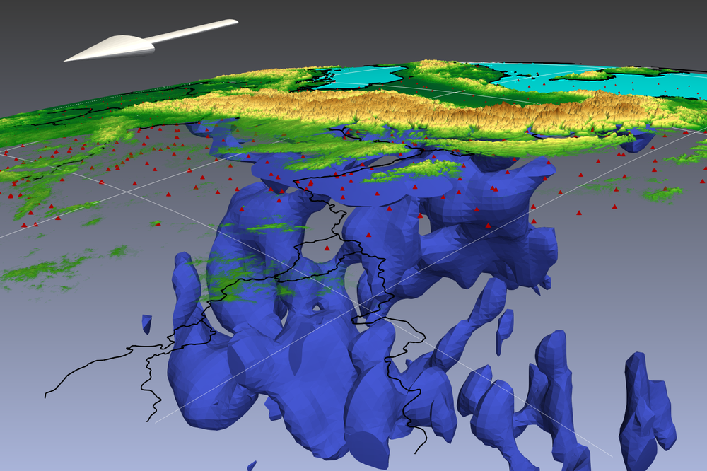 Die Animation zeigt erstmals in drei Dimensionen die großen Strukturen (blau) unter den Alpen, gesehen von Frankreich aus.