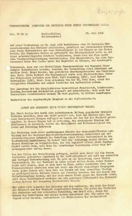 The founding manifesto of Freie Universität Berlin
