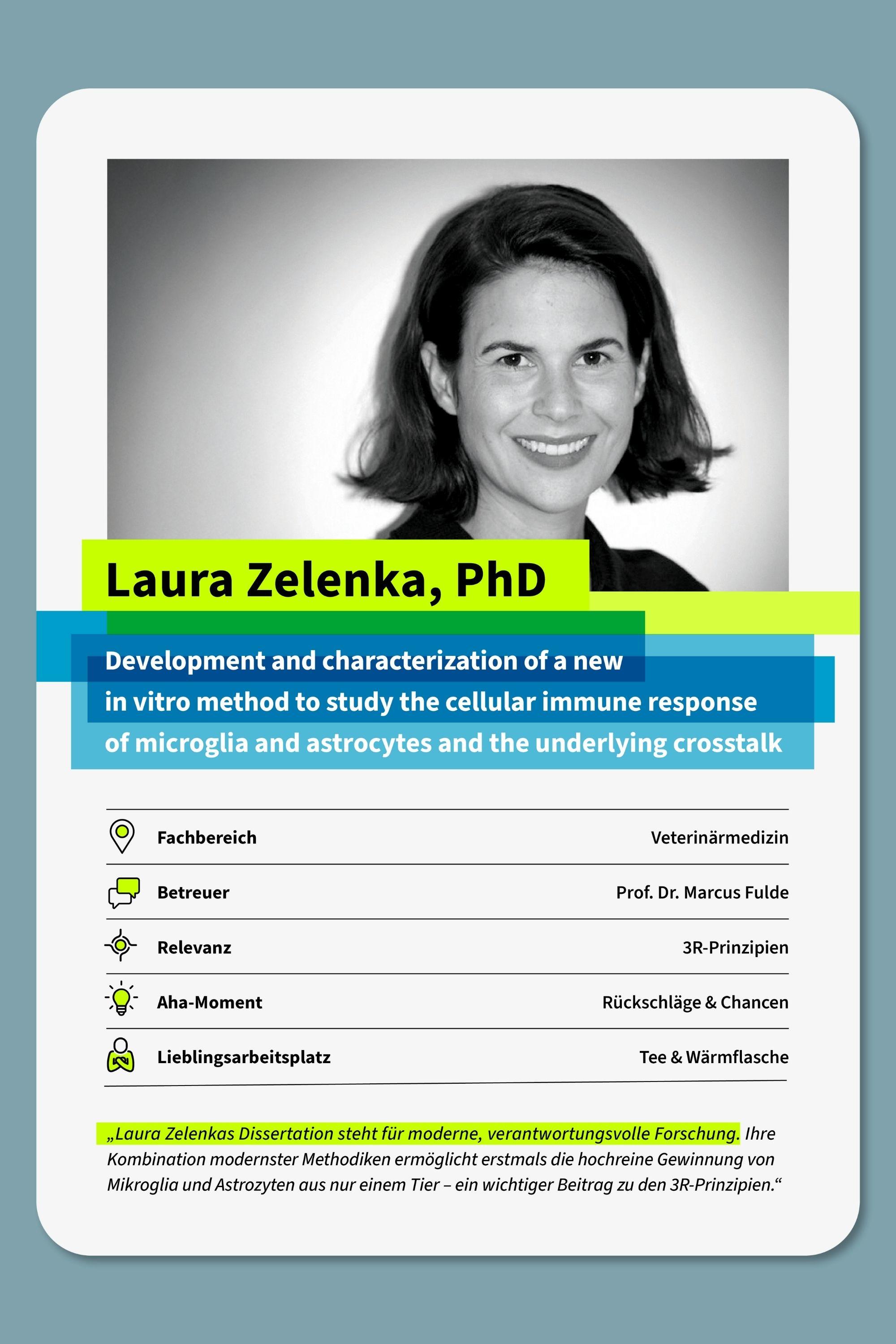 Laura Zelenka wählte die Kategorien Relevanz, Aha-Moment und Lieblingsarbeitsplatz zur stichwortartigen Illustration ihrer Dissertation. Unten auf der Karte finden Sie ein Zitat ihres Betreuers Prof. Dr. Marcus Fulde.