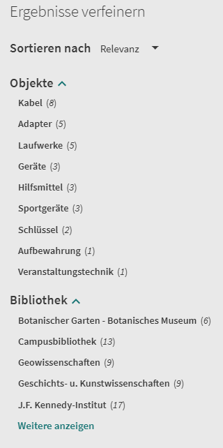 Ergebnisse verfeinern (Screenshot aus dem Bibliotheksportal Primo)