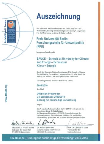 Urkunde UN-Dekade Bildung für Nachhaltige Entwicklung 2009/2010