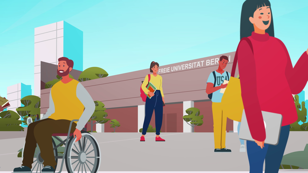 Studierende vor dem Gebäude der FU Berlin als Animation