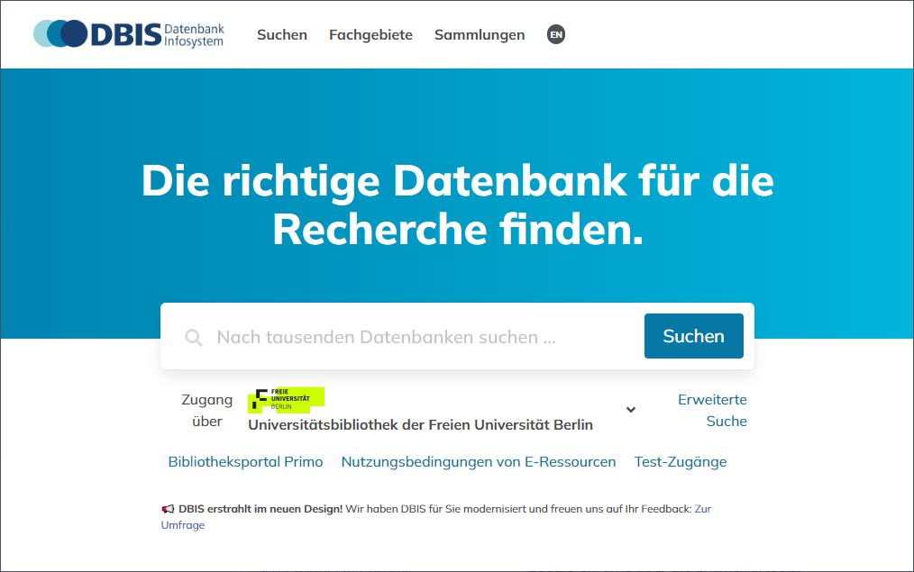 Neue Startseite von DBIS (seit Oktober 2024)