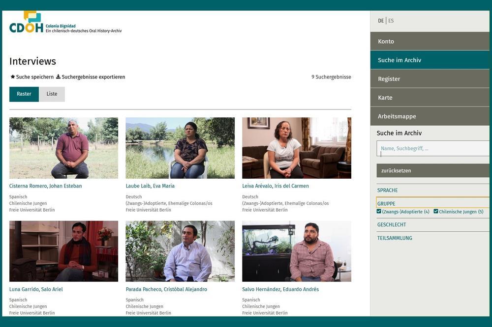 Rechercheumgebung der Datenbank „Colonia Dignidad. Ein chilenisch-deutsches Oral History-Archiv“ (CDOH)
