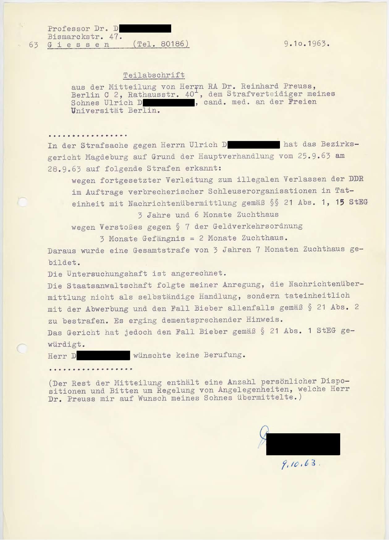 Teilabschrift des Urteils gegen den Studenten Ulrich D. vom 09.10.1963
