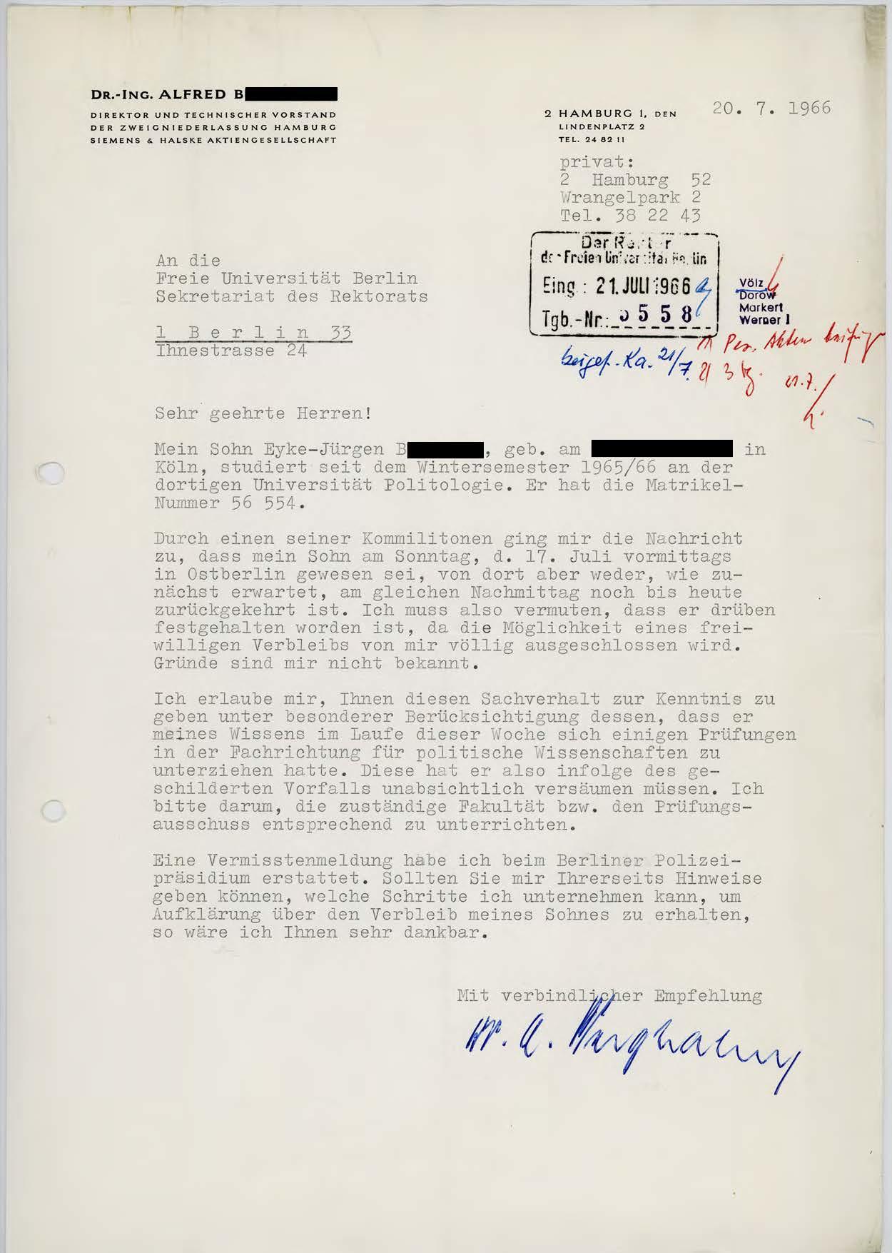 Brief des Vaters des Studenten Eyke-Jürgen B. an das Rektorat vom 20.07.1966