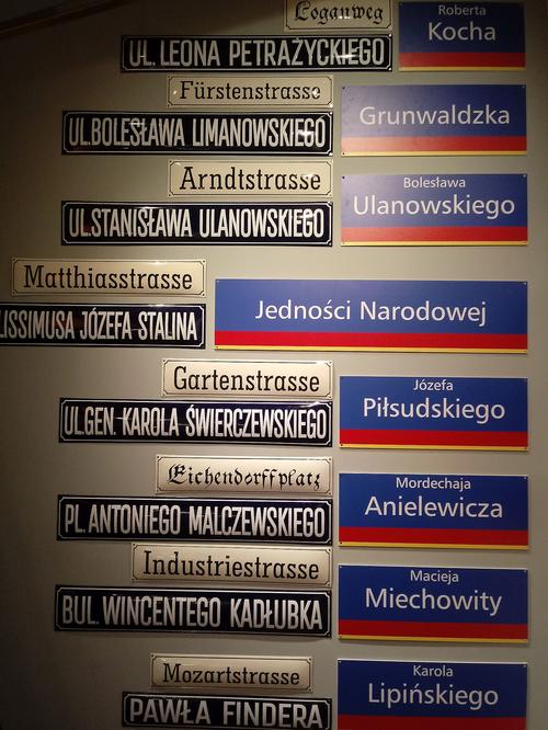 Straßenschilder aus unterschiedlichen Epochen im Centrum Historii Zajezdnia.
