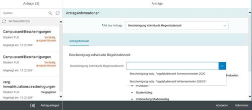 Screenshot Self-Service: Antrag anlegen